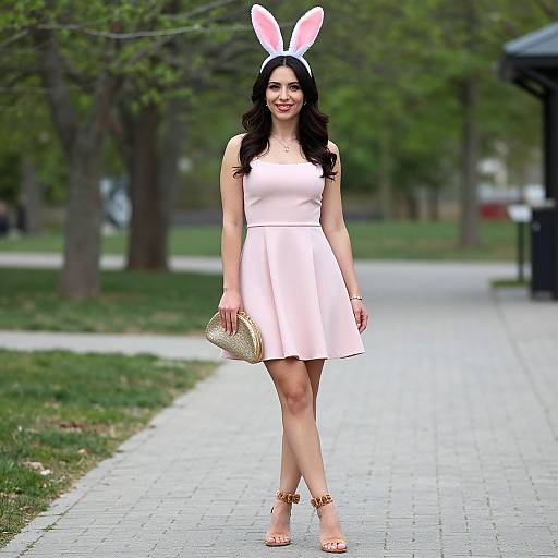 Photograph of a smiling woman with long black hair, wearing a pink dress, white bunny ears, gold heels, and a sparkly clutch, standing