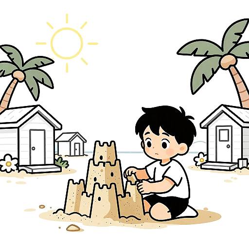 Cartoon of a young boy with black hair building a sandcastle on a sunny beach with two palm trees and two small houses.