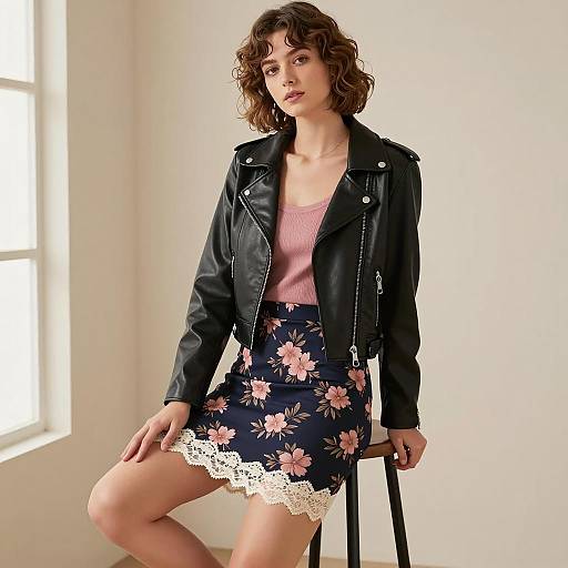 Woman in Black Leather Jacket and Floral Skirt