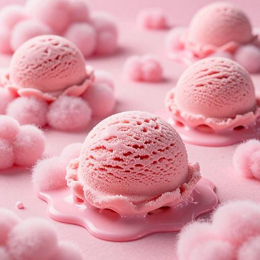 Photograph of pink ice cream scoops, melting with creamy drips, surrounded by fluffy pink sugar crystals, creating a soft, dreamy texture.