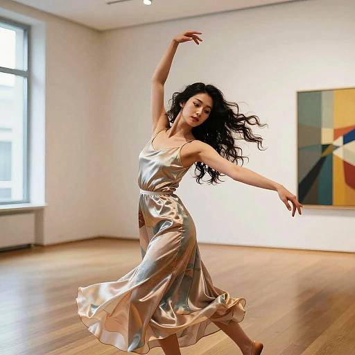 Photograph of a graceful, dark-haired woman in a flowing, silver satin dress, mid-dance pose in a brightly lit, modern art gallery with