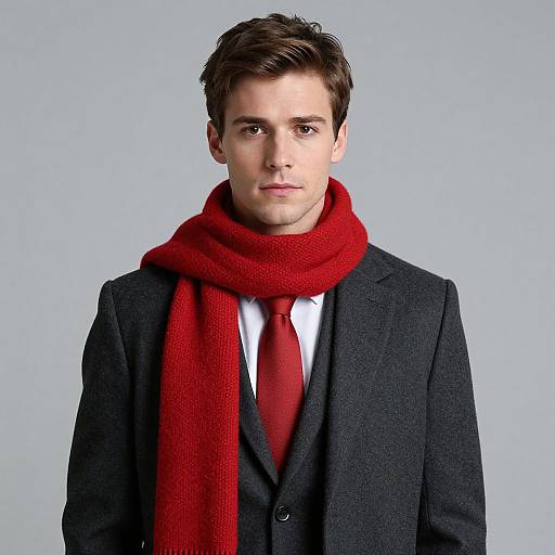Photograph of a young white man with short brown hair, wearing a dark gray suit, white shirt, red tie, and vibrant red scarf, against
