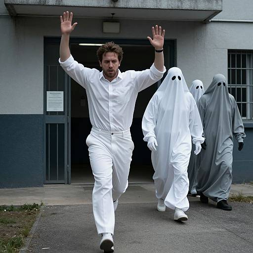 Photograph of a man in a white jumpsuit with raised arms, flanked by two ghost costumes, in front of a grey building entrance.