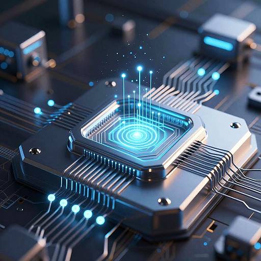 Photorealistic CGI of a glowing blue neural network chip with illuminated blue lines and lights on a dark, futuristic circuit board.