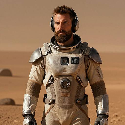 Photorealistic CGI of a bearded, serious-looking man in futuristic, armored space suit with helmet, standing in a barren, sandy desert.
