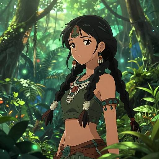 Digital anime-style drawing of a young woman with dark braided hair, wearing tribal jewelry, green crop top, and arm bands, standing in a lush