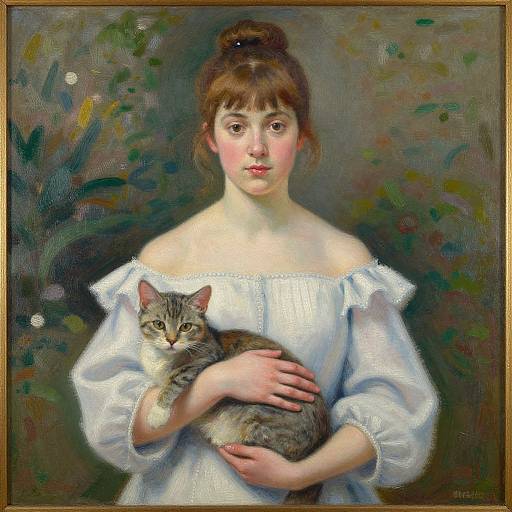 Portrait of young woman with fair skin, brown hair in bun, wearing off-shoulder white dress, holding gray tabby cat, impressionist painting