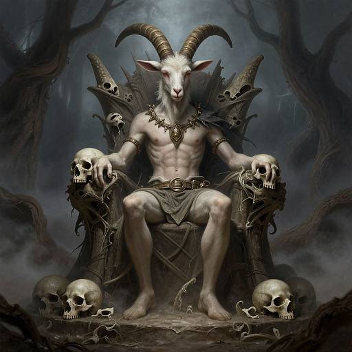 Digital fantasy artwork of a muscular, horned goat-man king, seated on a skull-adorned throne, surrounded by dark trees and skulls.