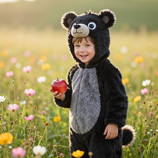 Boy in Bear Costume in Sunny Meadow