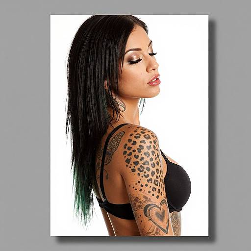 Photograph of a tattooed woman with black hair, green tips, closed eyes, wearing a black bra, against a white background.