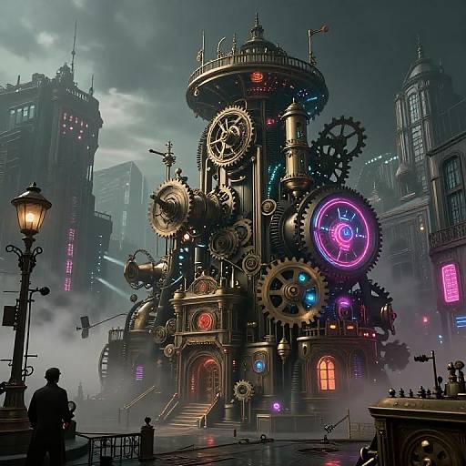 Steampunk clock tower with gears, neon lights, and colorful dials in a foggy, futuristic cityscape. Silhouetted figures in