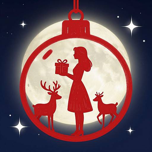 Digital illustration of a red Christmas ornament with a silhouetted girl holding a gift box, flanked by two deer, against a bright full moon