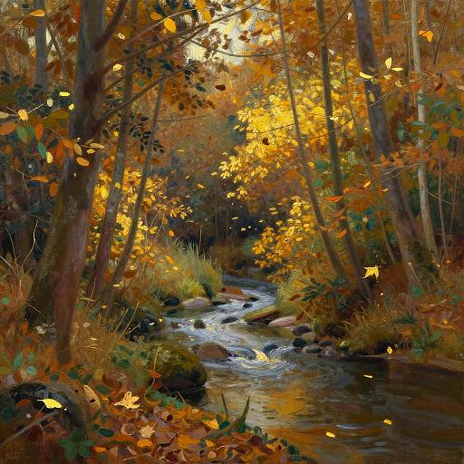 Digital painting of a serene autumn forest with a flowing stream, golden-yellow leaves, tall trees, and sunlight filtering through the canopy.