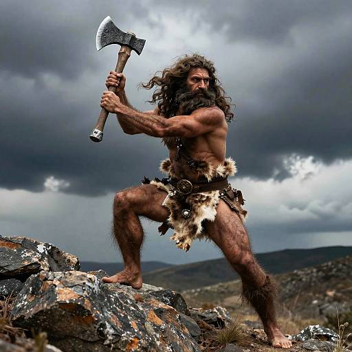 Hairy Caveman Hunting with Stone Axe