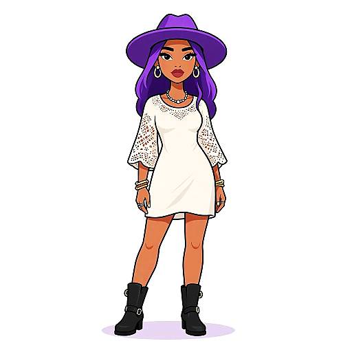 Digital illustration of a confident woman with purple hair, wearing a wide-brimmed purple hat, white lace dress, black ankle boots, and hoop earrings