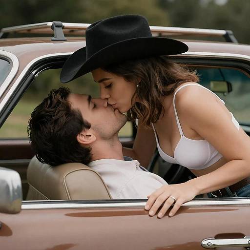 Couple Kissing in Vintage Car