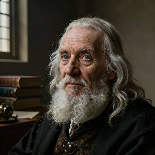 Photograph of an elderly man with long white hair and beard, blue eyes, wearing dark medieval-style clothing, in a dimly lit room with stacked