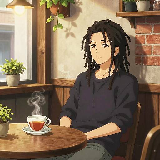 Digital anime-style drawing of a person with black dreadlocks, wearing a black sweater, sitting in a cozy café with a steaming cup of tea on