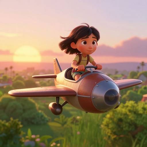 CGI image of a young boy with black hair flying a small, vintage airplane at sunset over a lush green countryside.