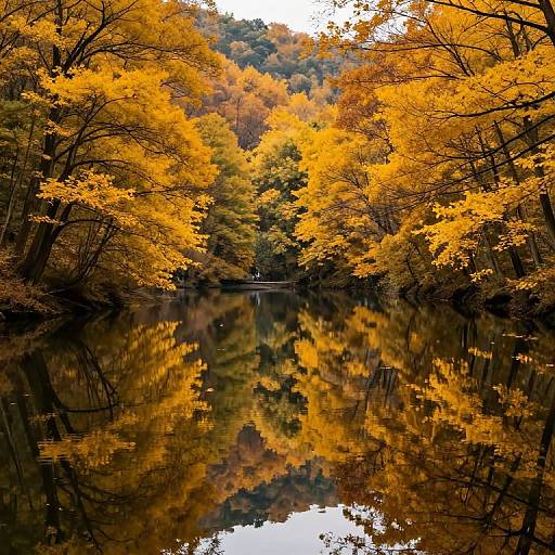 Photograph of a serene forest river, reflecting vibrant autumn leaves in shades of yellow and orange, creating a mirror image.