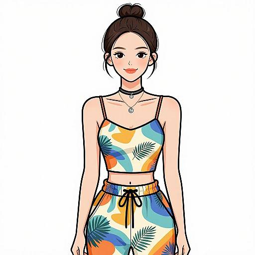 Digital illustration of an Asian woman with fair skin, black hair in a bun, wearing a colorful floral crop top and high-waisted shorts, black