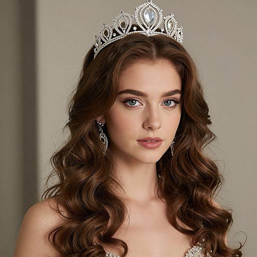 Photograph of a young woman with wavy brown hair, blue eyes, wearing a silver tiara and matching earrings, against a gray background.