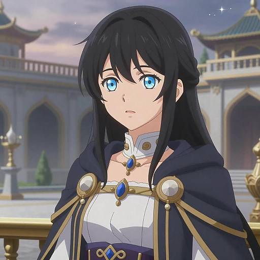 Anime-style drawing of a blue-eyed, long black-haired woman in a white dress with blue and gold accents, standing in an ornate, Asian-inspired