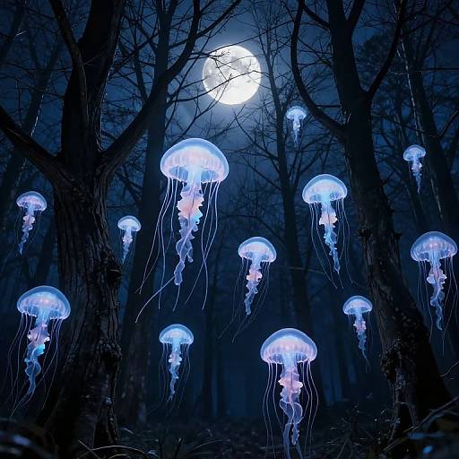 Photograph of a dark, moonlit forest with glowing blue jellyfish-like creatures floating among bare, silhouetted trees. Full moon illuminates
