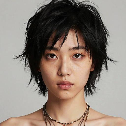 Digital portrait of an Asian woman with short, messy black hair, freckled face, light skin, neutral expression, wearing a simple necklace.