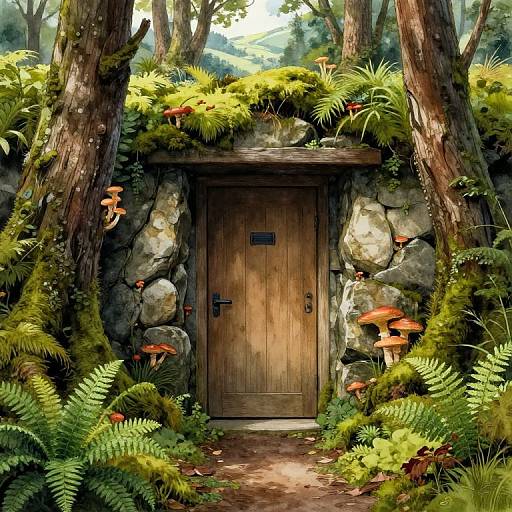 Digital painting of a wooden door hidden in a dense, mossy forest, surrounded by ferns, mushrooms, and tall trees.