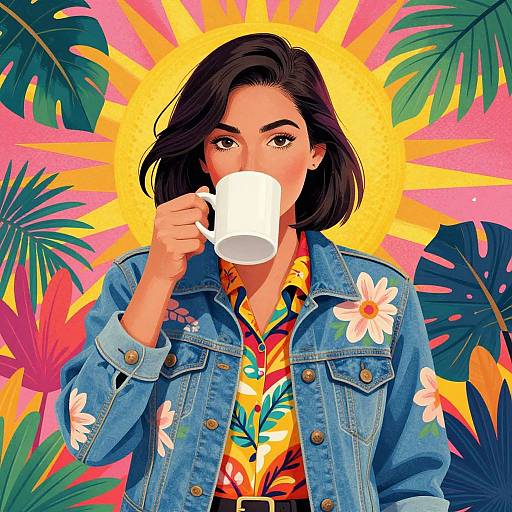 Digital illustration of a woman with medium-dark skin and black hair, sipping from a white mug. She wears a colorful floral shirt and blue denim jacket