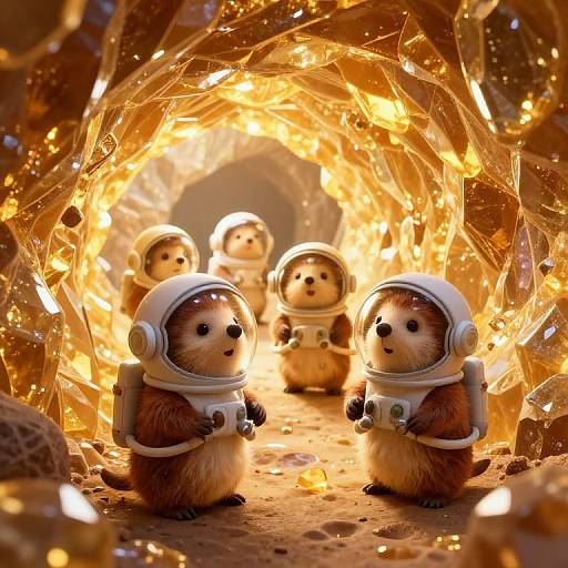 Photograph of five adorable, tiny hamsters in white space helmets, standing in a glowing, amber-lit, cave-like tunnel with sparkling lights.