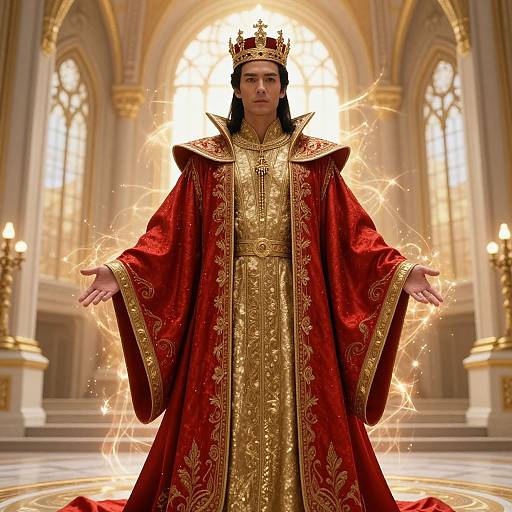 Photorealistic CGI of a regal man with long black hair, wearing a gold and red ornate robe and crown, standing in a grand,