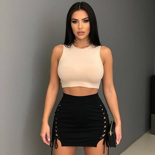 Photograph of a young woman with long black hair, wearing a white crop top, black lace-up mini skirt, and silver choker, standing against