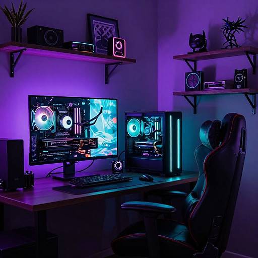 Photograph of a neon-lit gaming setup with dual monitors displaying blue and purple cyber-themed screens, a person in a chair, and shelves with speakers