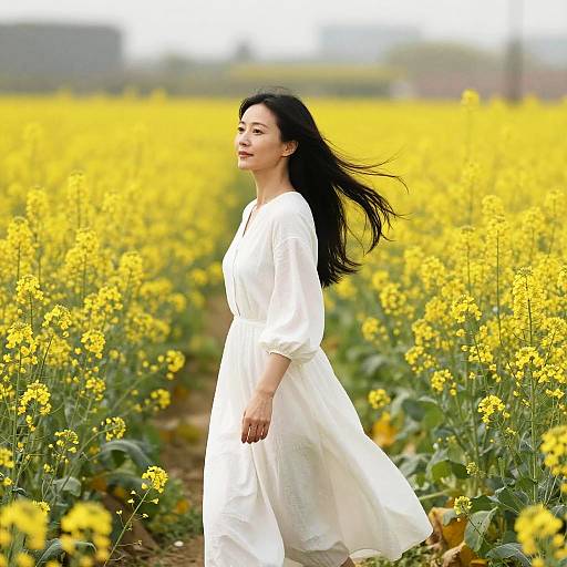 Asian Woman in White Dress in Yellow Flower Field