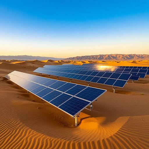 Photograph of solar panels in a desert landscape at sunset, with blue skies, orange sand dunes, and distant mountains.