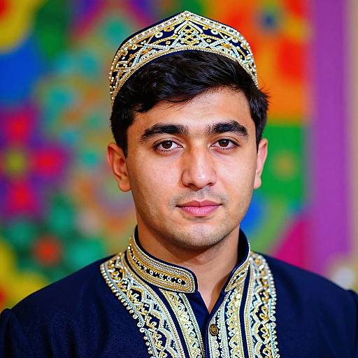Photograph of a young South Asian man with medium skin tone, dark hair, wearing an ornate black and gold traditional headpiece and shirt, against