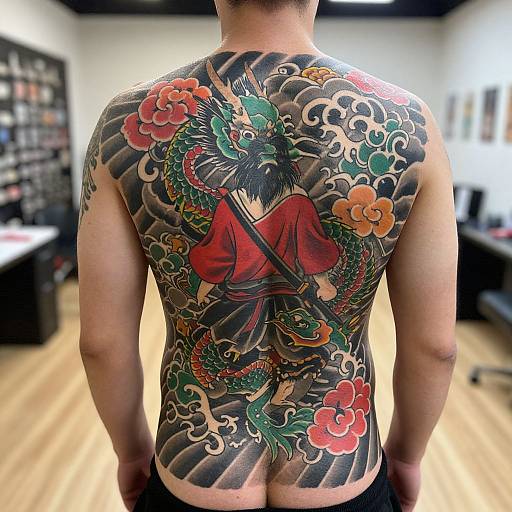 Photograph of a muscular man with a detailed, colorful back tattoo of a dragon, red butterfly, and vibrant flowers in a tattoo studio.