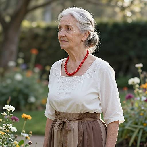 Photograph of elderly white woman with white hair in a bun, wearing a white lace blouse, brown skirt, and red bead necklace, standing in a