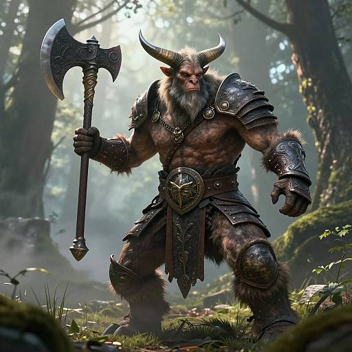 Digital fantasy artwork of a muscular, horned demon warrior with fur-covered arms and legs, wielding an ornate axe in a misty forest. Dark