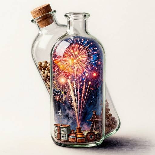 Photograph of two glass bottles with cork stoppers, one containing vibrant fireworks and industrial buildings, the other slightly behind.