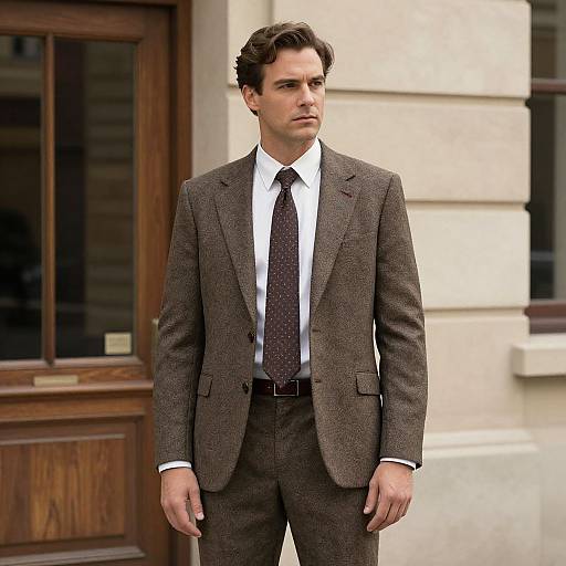 Photograph of a serious, Caucasian man with dark brown hair in a brown tweed suit, white shirt, and patterned tie, standing in front