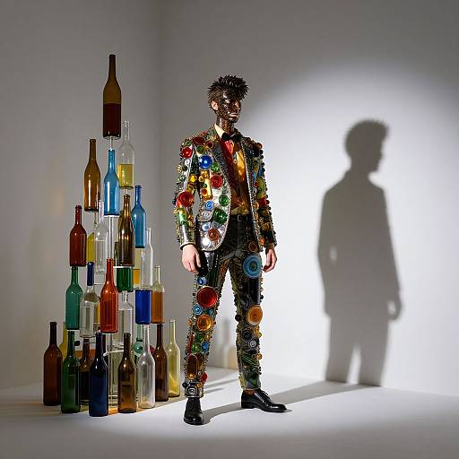 Photograph of a man in a colorful, glittery suit adorned with various stickers, standing next to a pyramid of assorted bottles, casting a shadow on