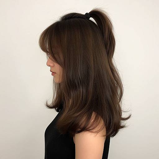 Side profile photograph of a young woman with dark brown, wavy hair in a high ponytail, wearing a black sleeveless top, against a plain