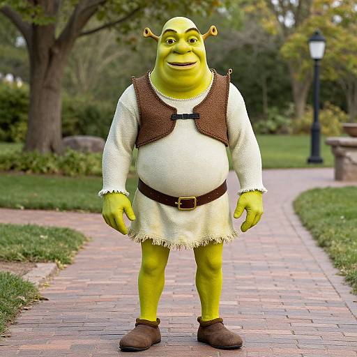 Digital cartoon of a green-skinned, bald, smiling goblin in a white tunic, brown vest, and brown boots, standing on a brick