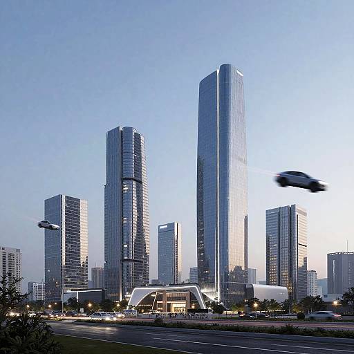 Photograph of a modern city skyline at dusk, featuring tall, sleek skyscrapers with reflective glass facades, and a blurred car in motion in