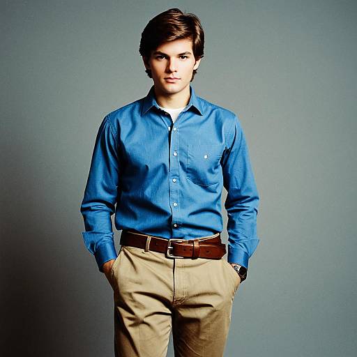 Young Man in Blue Shirt and Khaki Pants
