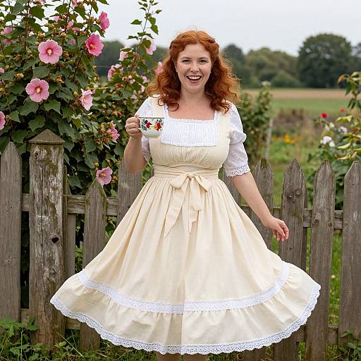 Photograph of a smiling red-haired woman in a vintage cream dress with white lace, holding a flower, standing by a wooden fence with pink roses in