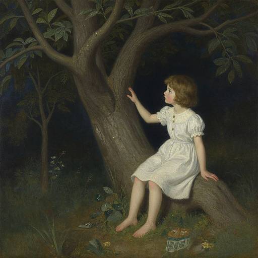 Victorian-style painting of a young girl with light brown hair, wearing a white dress, sitting barefoot on a tree stump, reaching up to a
